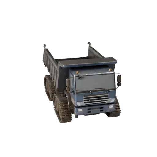 Dump Truck 3D model, side profile view, technical viewport render, showing painted steel, large mechanical silhouettes.