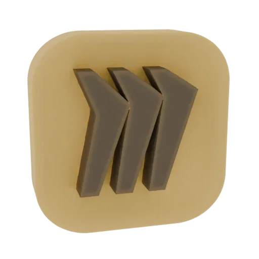 Modèle 3D du logo Miro, avec trois chevrons gris foncé sur une base carrée beige.
