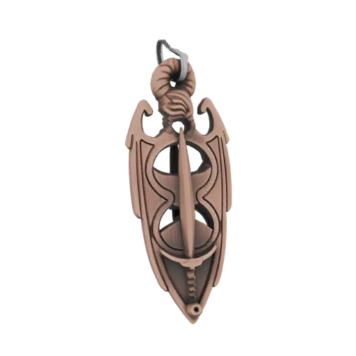 3D model of an ornate bronze pendant shaped like a dragon shield with a sword in the center, featuring intricate details and