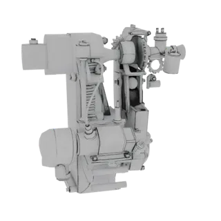 3D model of a vintage internal combustion engine, viewed from the side, showing pistons, gears, and exhaust components.