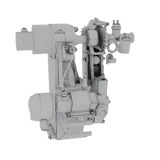 Modèle 3D d'un moteur à combustion interne vintage, vu de côté, montrant les pistons, les engrenages et les composants d'écha
