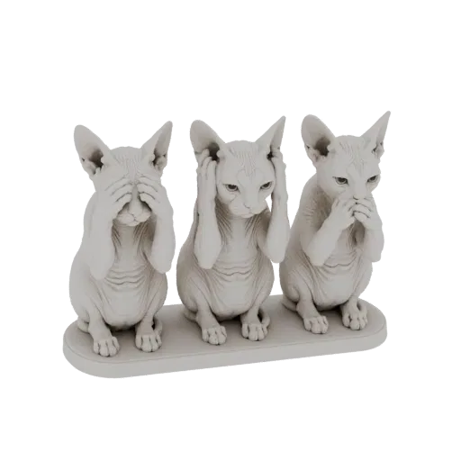 3D model of three Sphynx cats sitting in a row, covering their eyes, ears, and mouths in the 'see no evil, hear no evil, spea