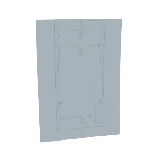 3D model of a technical drawing of a cabinet, showing its dimensions and construction lines.