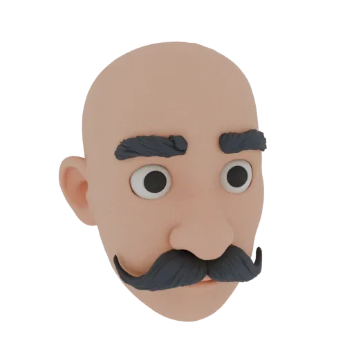 3D model of a man's head with round eyes, mustache, and eyebrows, in claymation style