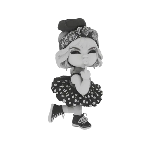 3D model of a playful girl figurine with a bandana, exaggerated makeup, and a black polka dot dress, striking a cute pose.