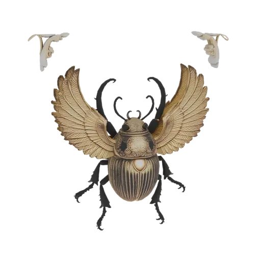 3D model of a golden scarab beetle with spread, ornate wings, against a white background.
