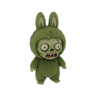 Ein 3D-Rendering eines grünen, flauschigen Zombie-Hasen mit großen Ohren, weiten Augen und freiliegenden Zähnen, der auf eine