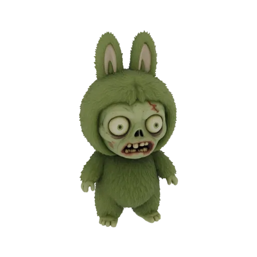 A 3D render of a green, fuzzy zombie bunny with large ears, wide eyes, and exposed teeth, standing on a white background.