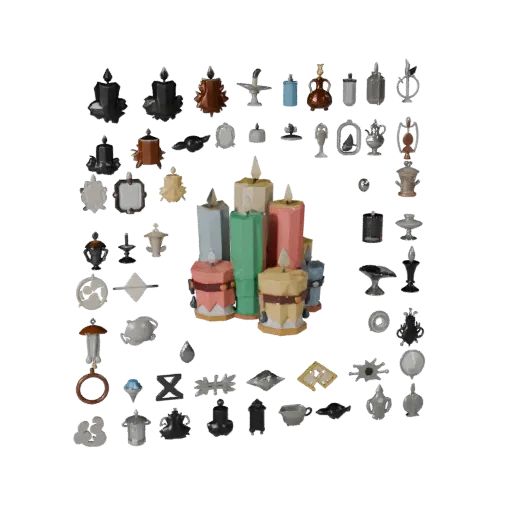 Market Candle Cluster Low Poly 3D model, game viewport three-quarter view, showing paper-like cards, form detail.
