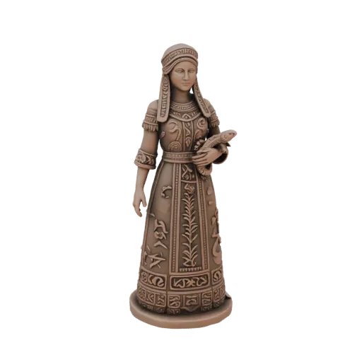 3D model of Mistress of the Copper Mountain in relief pattern, holding a lizard, on a black background