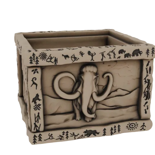 3D-Modell eines quadratischen Steinpflanzers mit geschnitztem Mammut-Relief und antiken Felsmalerei-Verzierungen an den Seite
