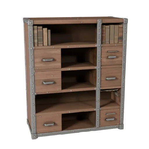 Scaffale Industriale High Poly modello 3D, sala da pranzo, primo piano studio render, dettaglio legno verniciato.