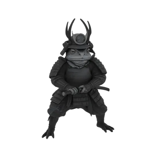 A 3D model of a frog wearing detailed samurai armor and holding a katana, standing in a warrior's pose.