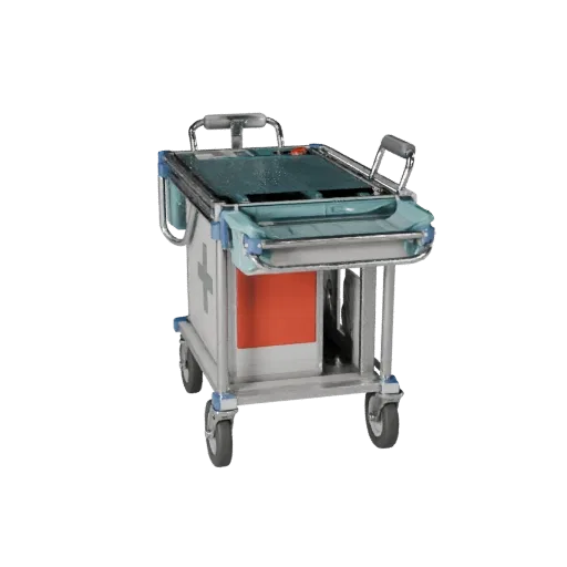 Emergency Medical Cart Stylized 3D model, stylized isometric render, showing painted metal, clinical silhouette.