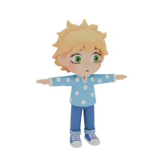 3D model of a chibi child character with blonde hair, green eyes, wearing a blue polka dot shirt and blue pants, in a T-pose.
