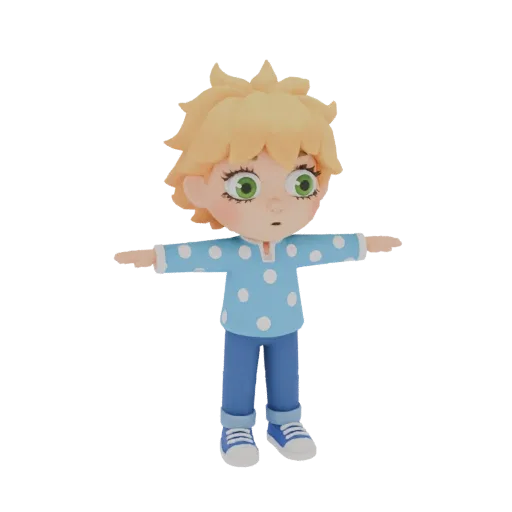 3D model of a chibi child character with blonde hair, green eyes, wearing a blue polka dot shirt and blue pants, in a T-pose.