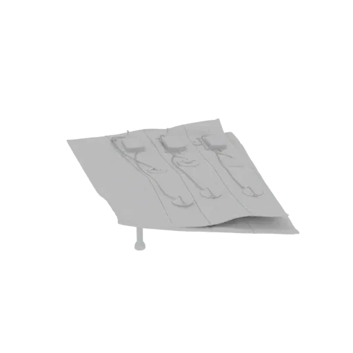 3D model of a solar panel array with three distinct units mounted on a support pole, rendered in a neutral grey material.