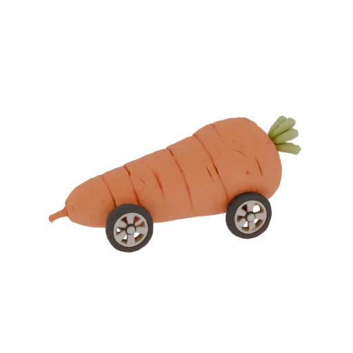 3D model of a carrot-shaped car with wheels, on a white background