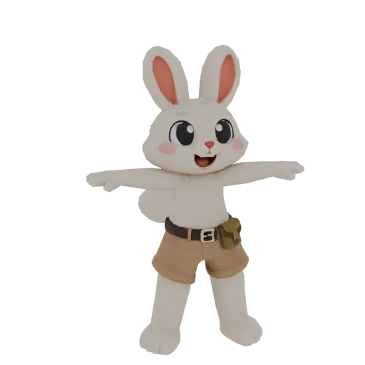 Modelo 3D de um coelhinho vestindo shorts de explorador com braços estendidos, sobre fundo preto.