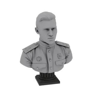 3D model render of a gray bust of a Soviet military officer wearing a uniform with medals, displayed on a pedestal.