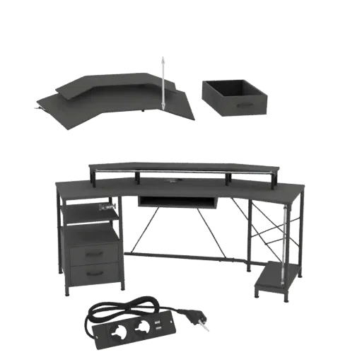 3D model of a dark grey modern gaming desk with a raised monitor stand and a single drawer, shown on a black background.