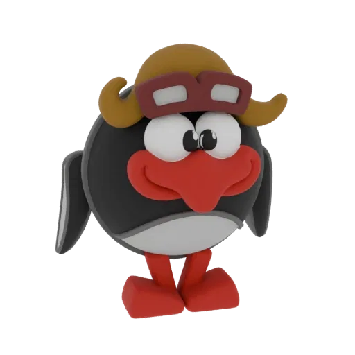A 3D render of a cute, plump cartoon penguin wearing a brown aviator hat and goggles, with a red beak and feet, against a bla