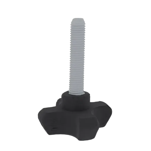 3D render of a black star-shaped knob with a light gray threaded bolt, isolated on a black background.