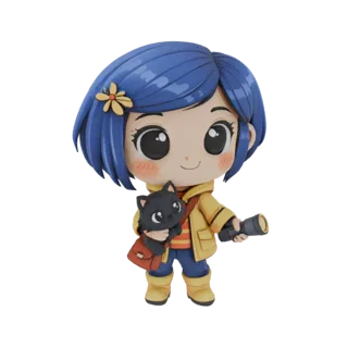 3D model of Coraline in Nendoroid style, holding a black cat and a flashlight, with blue hair and a yellow raincoat.