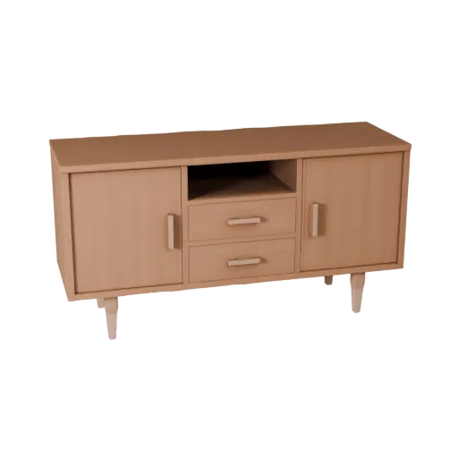 Floating Sideboard Low Poly 3D model, dining room, game viewport three-quarter view, painted wood detail.