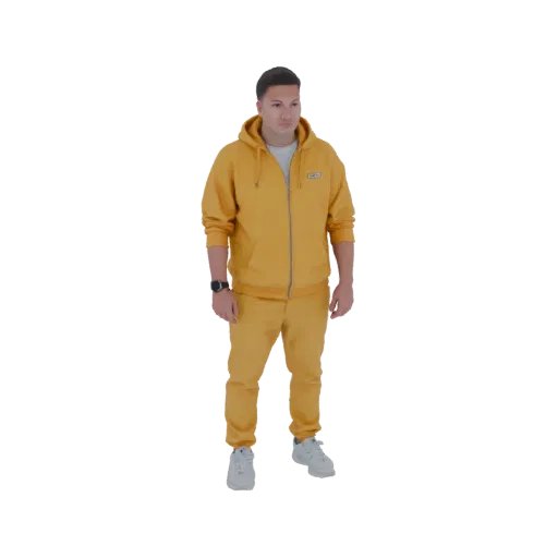 3D model of a man standing, wearing a yellow tracksuit and white sneakers, against a white background.