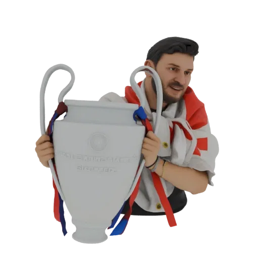3D model of a football champion with a beard, wearing a red and white sash, holding a large silver trophy.