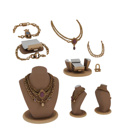 Boho Necklace Set collectible detail 3D model, studio profile shot, with calibrated set silhouette and material reads.