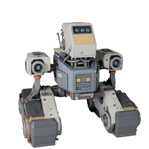 Research Crawler Robot Stylized 3D model, stylized isometric render, showing metal frames, robot form.