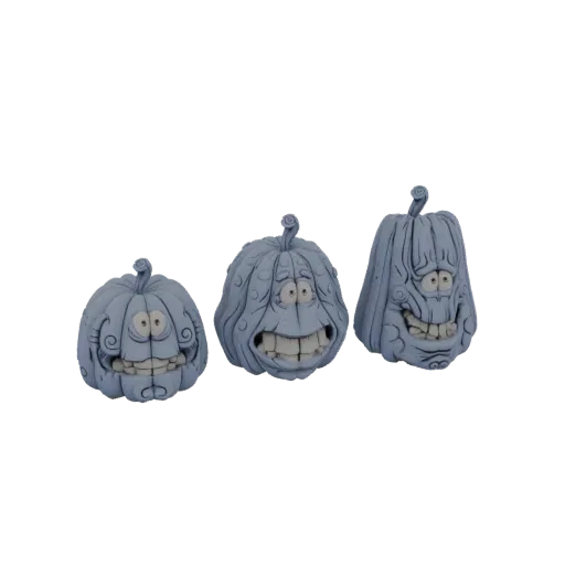 A 3D model of three spooky blue pumpkins with exaggerated, grinning faces, arranged side-by-side against a black background.