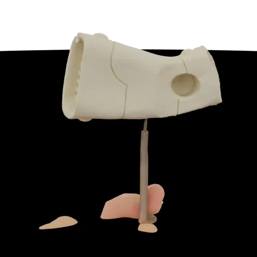 Render 3D de una escultura abstracta geométrica con forma de cabeza, líneas limpias y acabado blanco mate, sobre fondo negro.