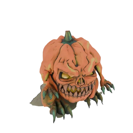 3D model of a scary, monstrous pumpkin creature with sharp teeth, glowing eyes, and clawed hands, breaking through a surface.