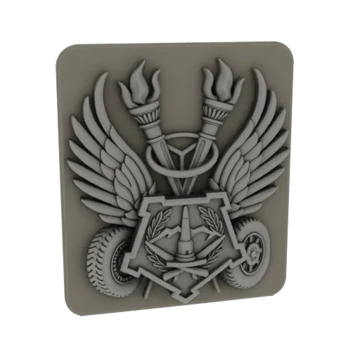 3D render of a detailed military emblem with wings, flaming torches, a central shield with a missile, and wheels on a neutral