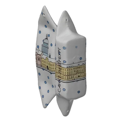 3D model of a white decorative ribbon featuring St. Petersburg landmarks and blue polka dots, hanging from a bar.