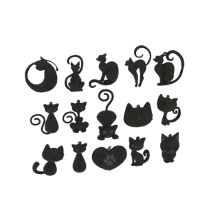 A collection of 16 black cat charms in various poses, rendered in a silhouette style against a white background.