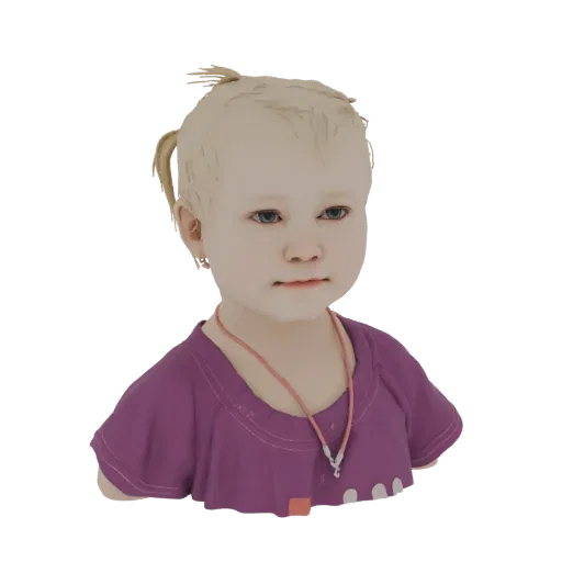 3D model of a blonde toddler girl with blue eyes, wearing a purple shirt and a pink necklace, facing forward.