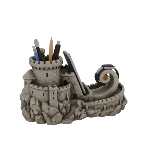 3D model of a stone castle desk organizer with compartments for pens and a slot for a smartphone.