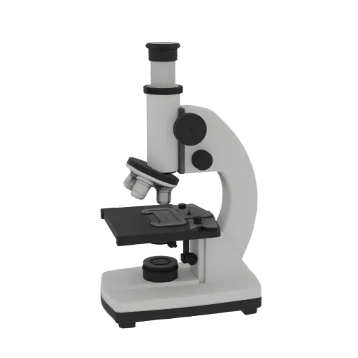 Classroom Microscope 3D model, side profile view, technical viewport render, showing glass, recognizable lab forms.