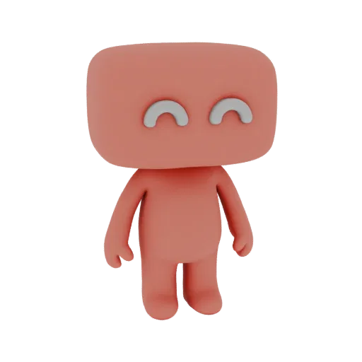 A 3D render of a cute, pink blob character with a rounded head and simple curved eyes, standing against a white background.