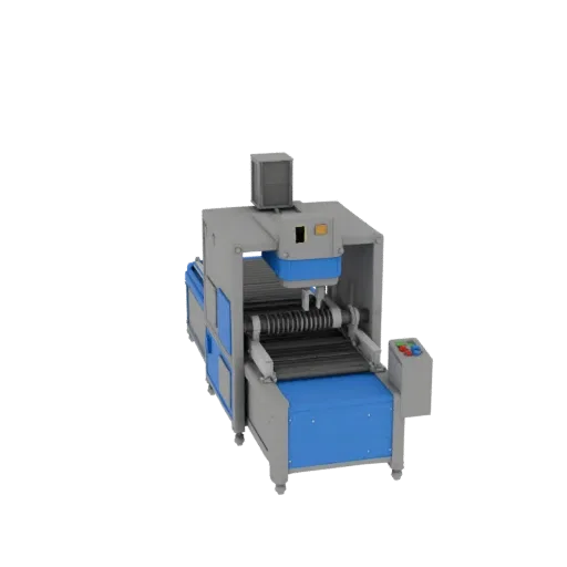 Inspection Packing Machine Printable 3D model, isometric STL render, showing painted steel, machine stations.