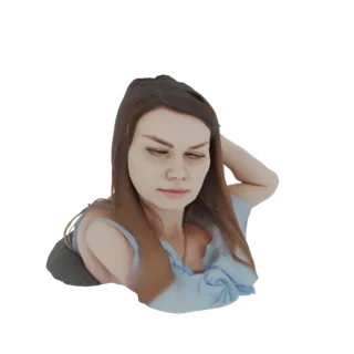 Modello 3D di una donna con capelli castani, che indossa un top blu, con la mano appoggiata sulla testa, guardando verso il b