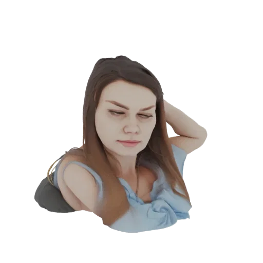 Modelo 3D de uma mulher com cabelo castanho, vestindo um top azul, com a mão apoiada na cabeça, olhando para baixo.