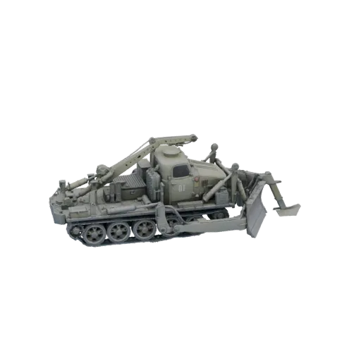 3D model of a WWII Soviet AT-T Heavy Artillery Tractor with a dozer blade and crane.