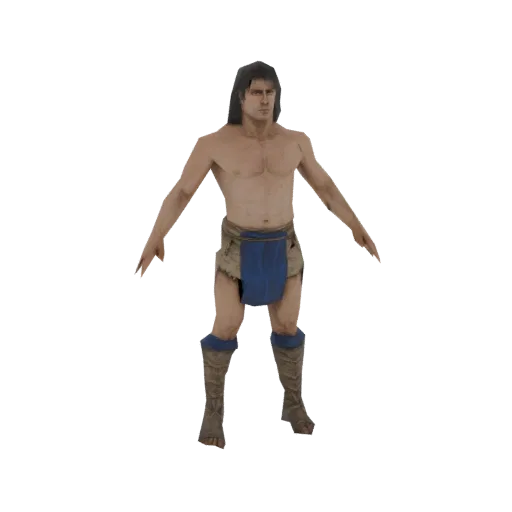 3D model of a muscular barbarian warrior with long dark hair, wearing a blue loincloth and brown boots, standing in a T-pose.