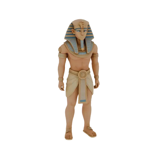 3D model of an ancient Egyptian pharaoh in stylized attire and headdress, standing full height.