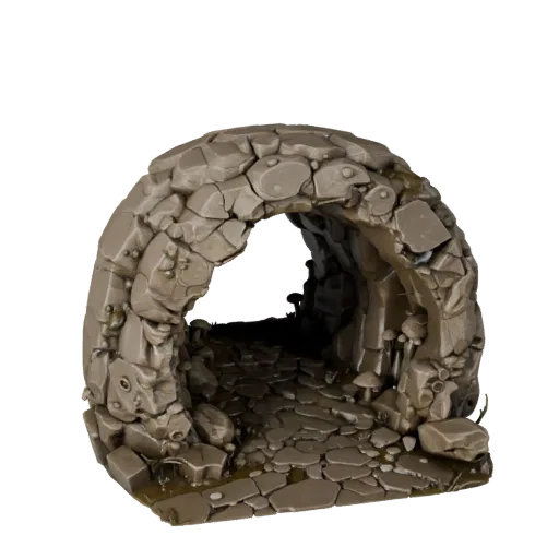 Mushroom Cave Grotto Unity 3D model, isometric viewport view, showing aged stone, layered vegetation clusters.